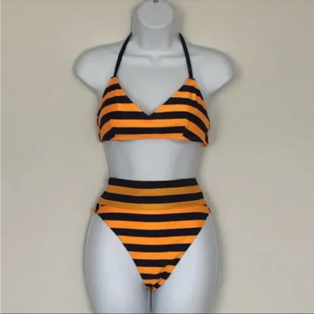 Aerie Yellow and Blue Stripped High Cut Cheeky Bikini Swimwear Size XS/S